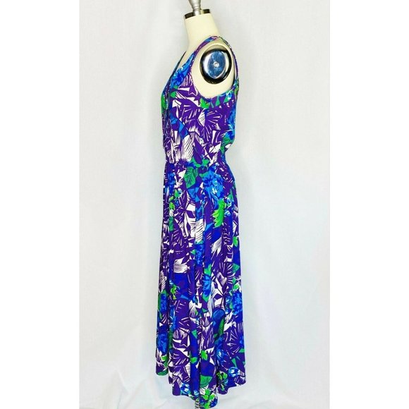 Vintage 80s 90s Purple Floral Day Dress Sz S Small Bright Tropical Button Front - Picture 5 of 8